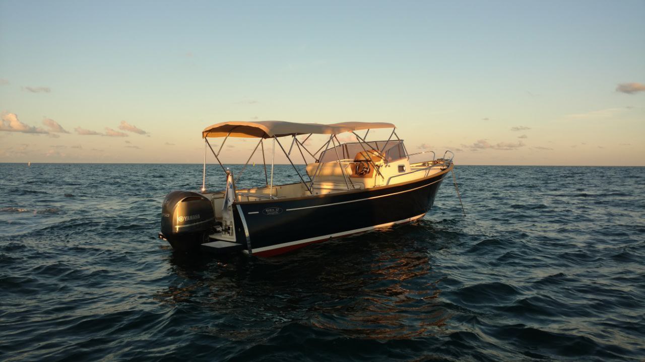 A person inspecting the hull of a boat in a yard